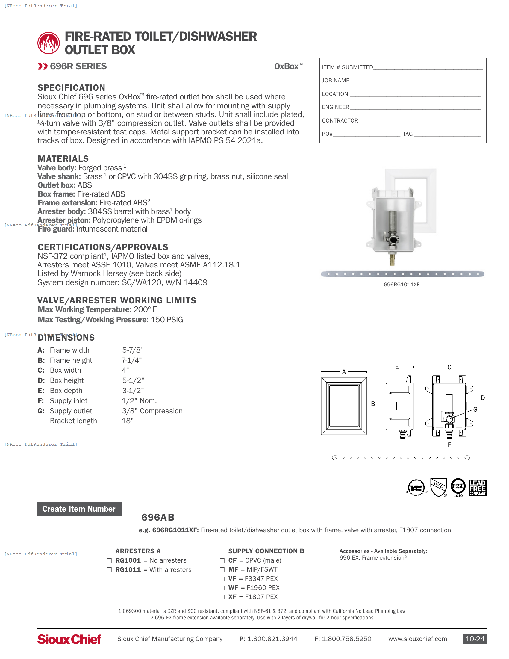 696R SERIES - FIRE-RATED OXBOX TOILET-DISHWASHER BOX - SPEC SHEET.PDF Specification Document
